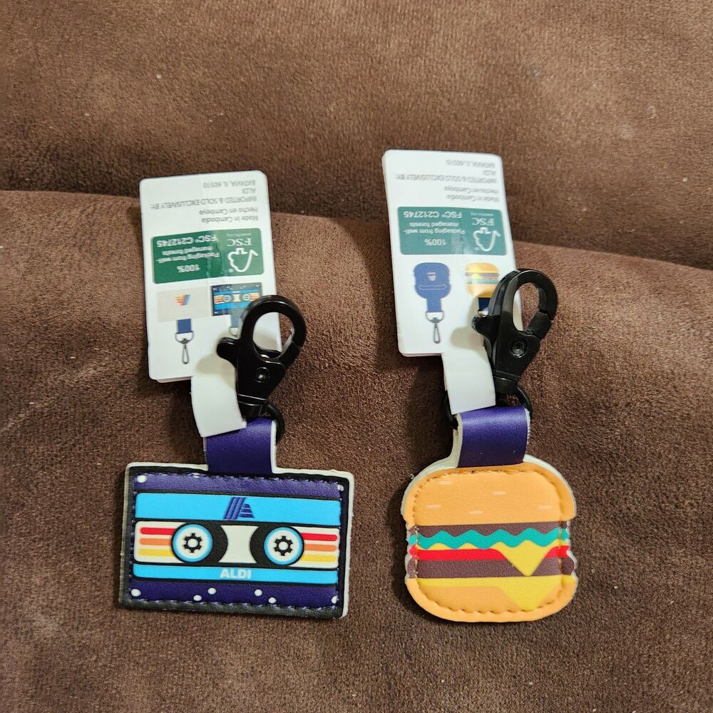 2 New Aldi Keychain Quarter Holder Keeper Clip Cassette Tape  & Cheesesburger